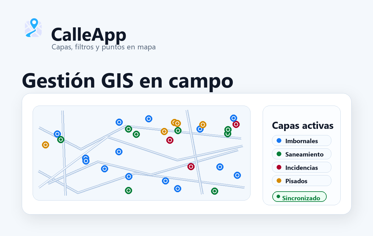 Mapa GIS con puntos de imbornales, saneamiento, incidencias y pisados en CalleApp